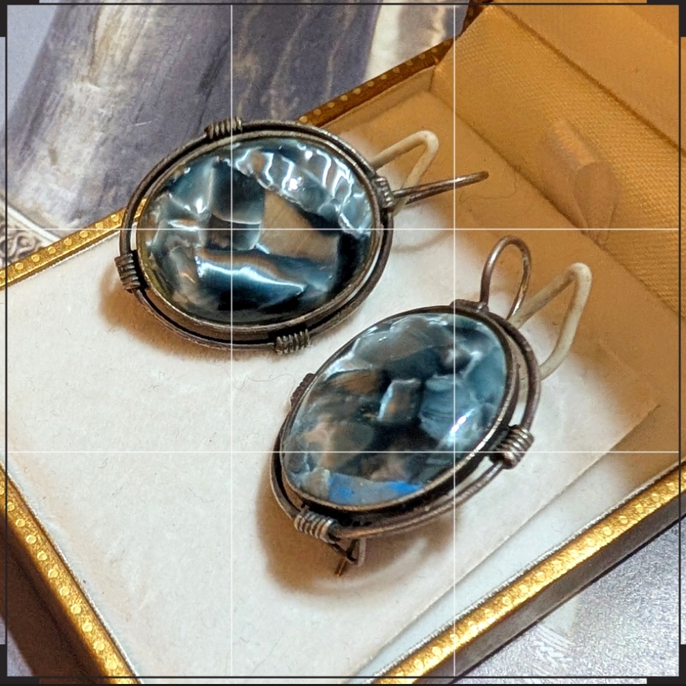 Vintage Artisan Blue Abalone Bullseye Sterling Earrings - Picture 3 of 7